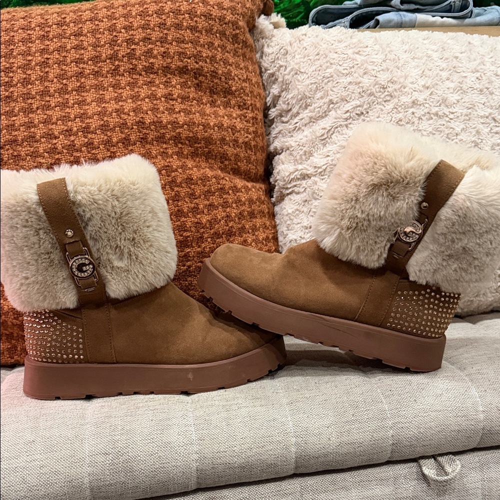 GBG Los Angeles Tan Fur-Trimmed Studded Boots